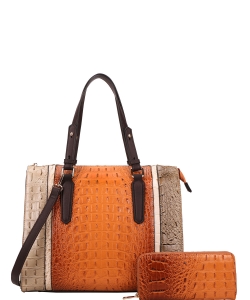 2in1 Alligator Croc Fashion Satchel Bag with Wallet CY-7187W BROWN